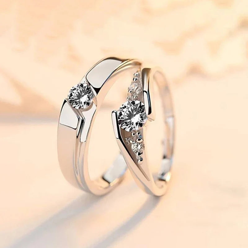 Silver Plated American Diamond Studded Classic Adjustable Couple Rings – Set of 2