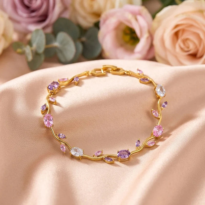 Anti-Tarnish Tulip Bracelet Set – Gold & Silver Plated with Multicolor Stones