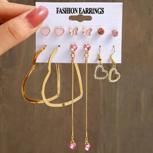 Gold Plated Heart-Inspired Pink & Gold Studs and Drop Earrings – Combo of 6
