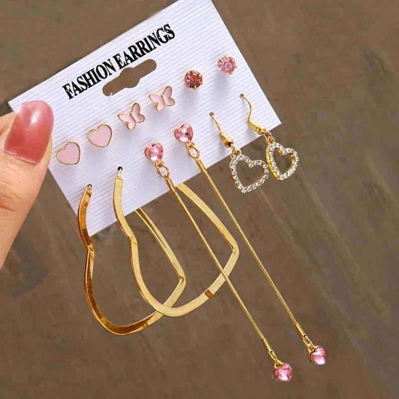 Gold Plated Heart-Inspired Pink & Gold Studs and Drop Earrings – Combo of 6