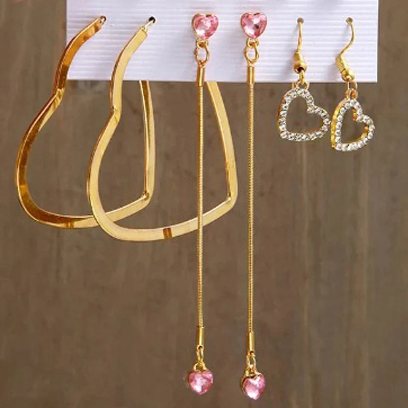 Gold Plated Heart-Inspired Pink & Gold Studs and Drop Earrings – Combo of 6