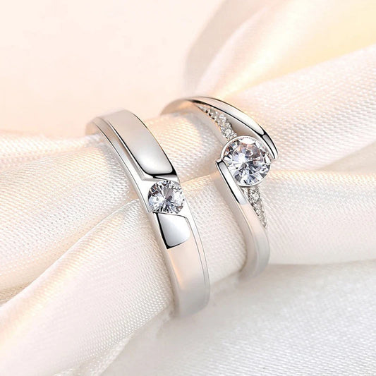 Silver Plated American Diamond Studded Classic Adjustable Couple Rings – Set of 2