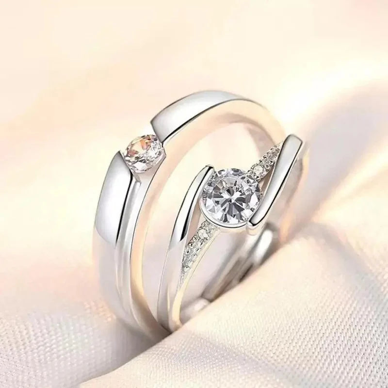 Silver Plated American Diamond Studded Classic Adjustable Couple Rings – Set of 2
